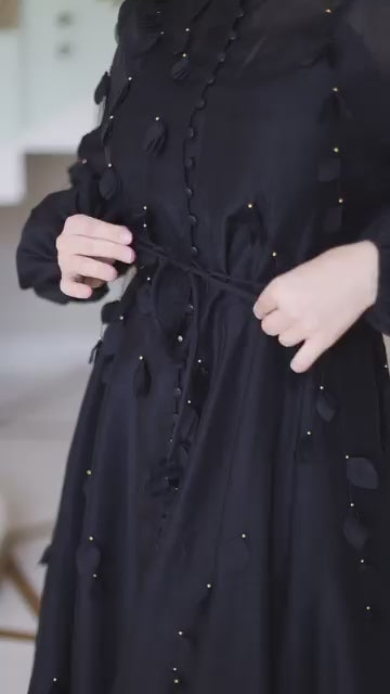 Amara Petal Applique Tie Waist Midi-Black