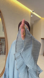 Rania Pleated Tie Neck Flare Sleeve Abaya-Blue