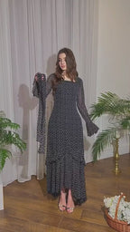 Polka Dot Chiffon Irregular Hem Maxi Dress with Ruffle Sleeves