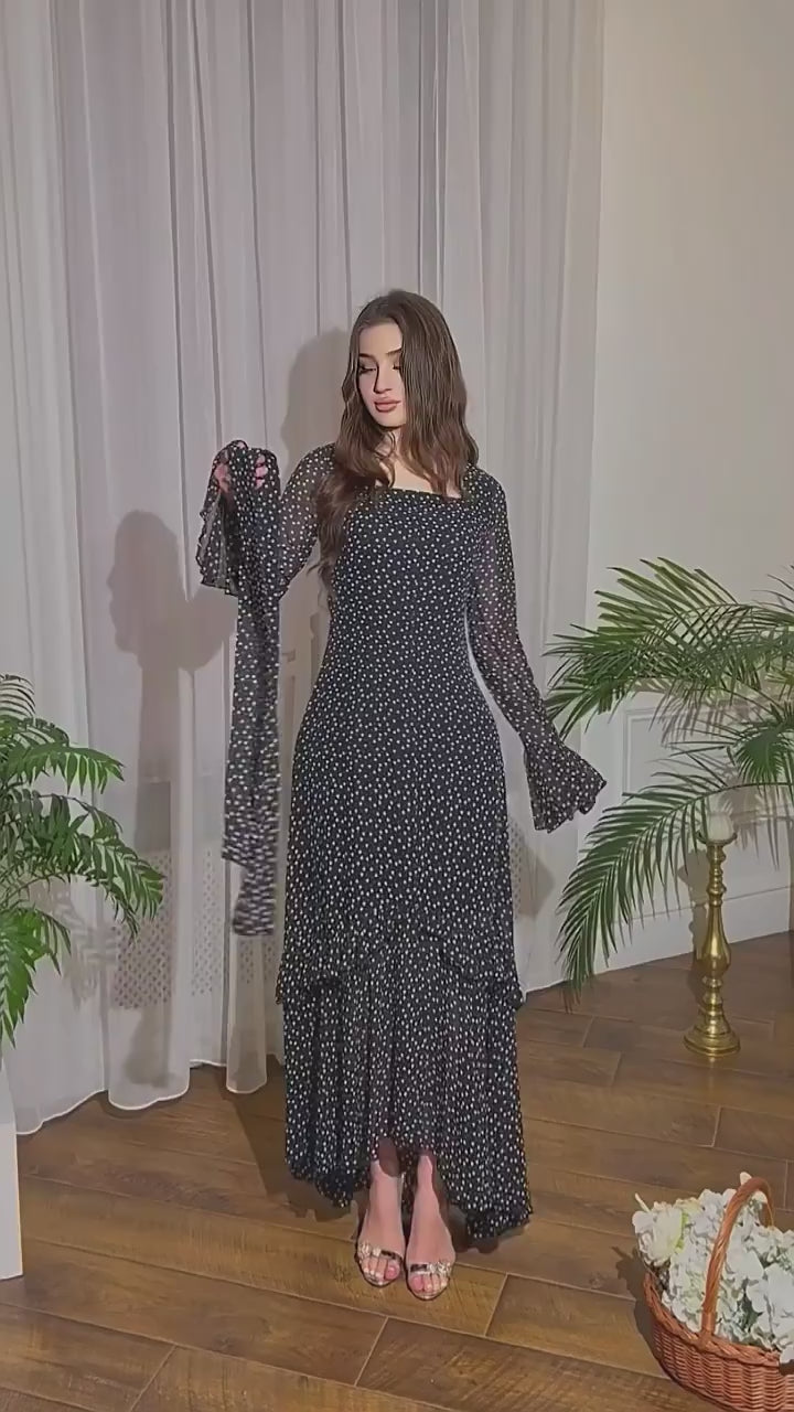 Polka Dot Chiffon Irregular Hem Maxi Dress with Ruffle Sleeves