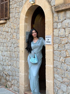 Sara Draped Ruffle Trim Maxi Dress-Blue