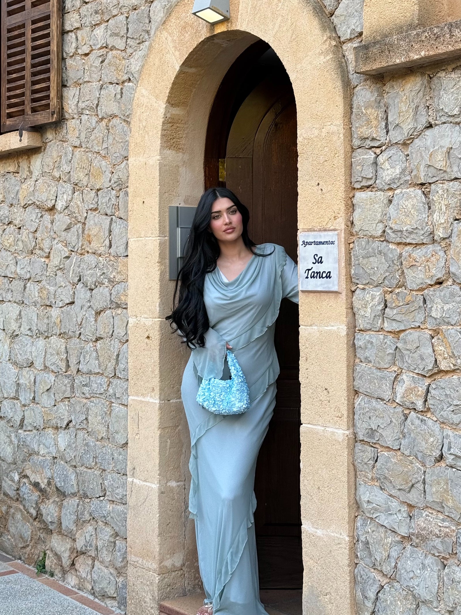 Sara Draped Ruffle Trim Maxi Dress-Blue