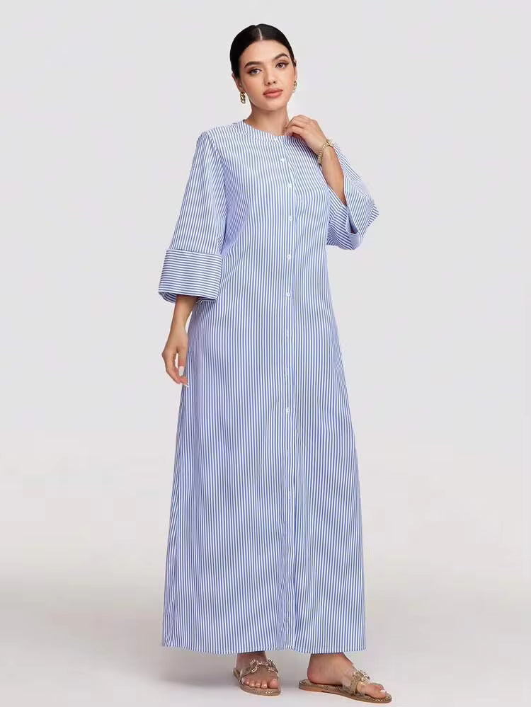 Nadia Striped Button‑Front Abaya Dress