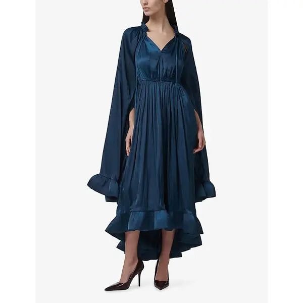 Nadia Cape‑Sleeve Ruffle Midi Dress