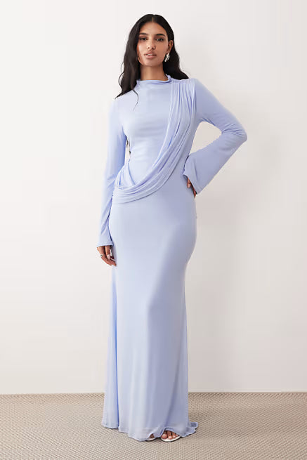 Zara Draped Panel Flare Sleeve Maxi Dress