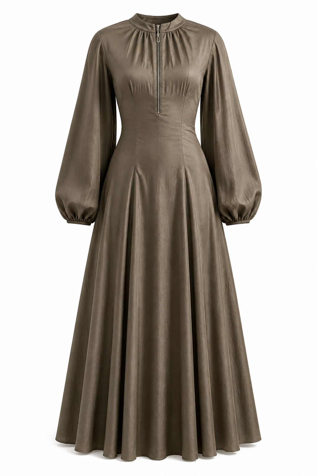 Lina Zip‑Front Balloon Sleeve Maxi Dress