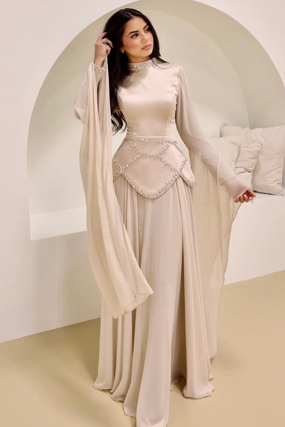 Lina Beaded Cape‑Sleeve Flowy Maxi Dress