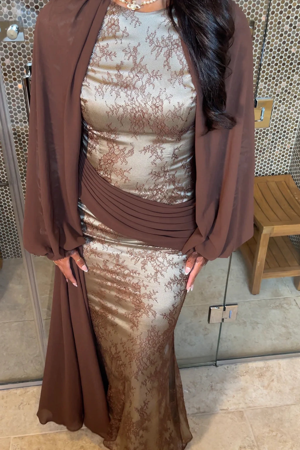 Layla Lace Chiffon Cape Maxi Dress-Brown