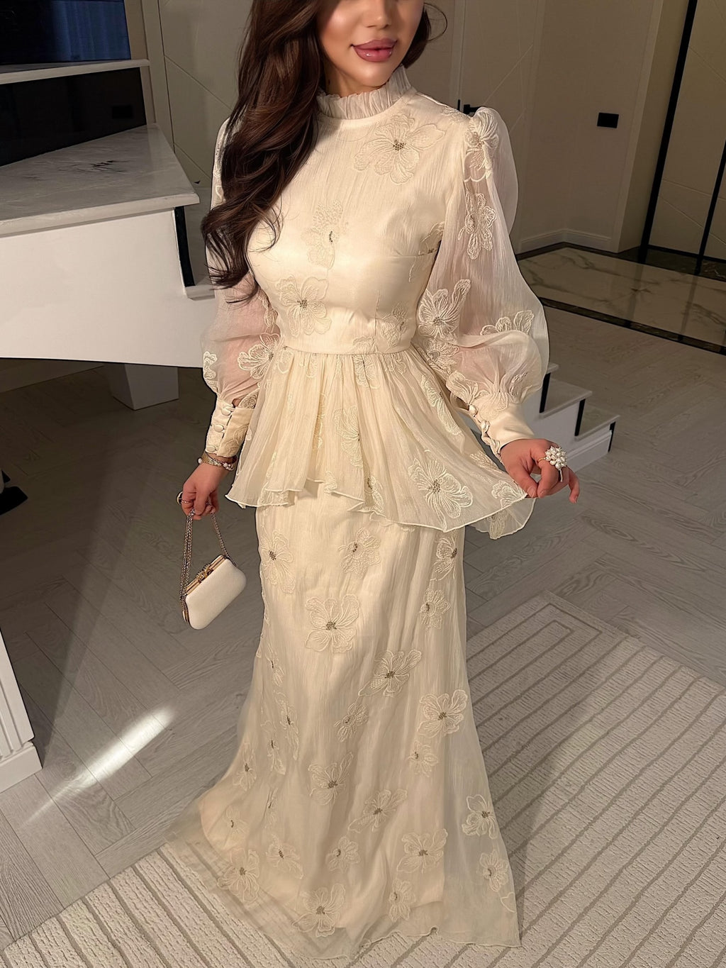 Zaraa Floral‑Embroidered Peplum Maxi Dress
