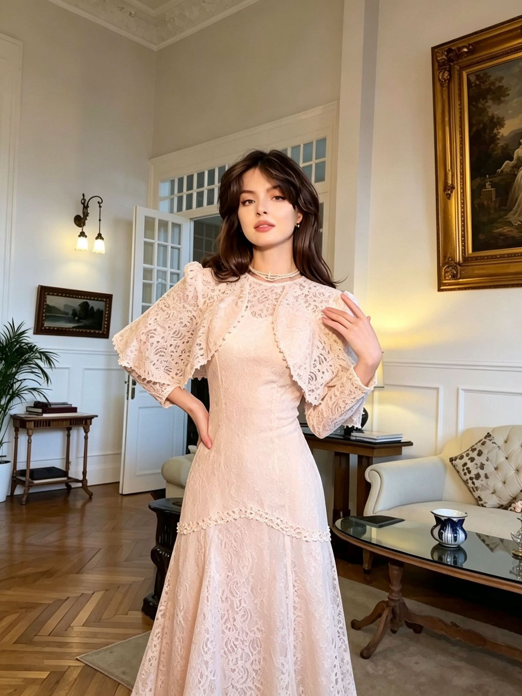 Layla Lace Cape Sleeve Mermaid Maxi Dress-Pink