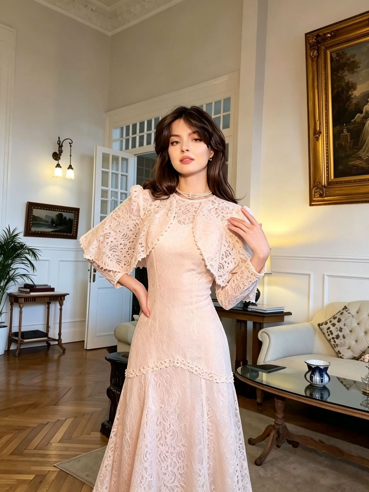 Layla Lace Cape Sleeve Mermaid Maxi Dress-Pink