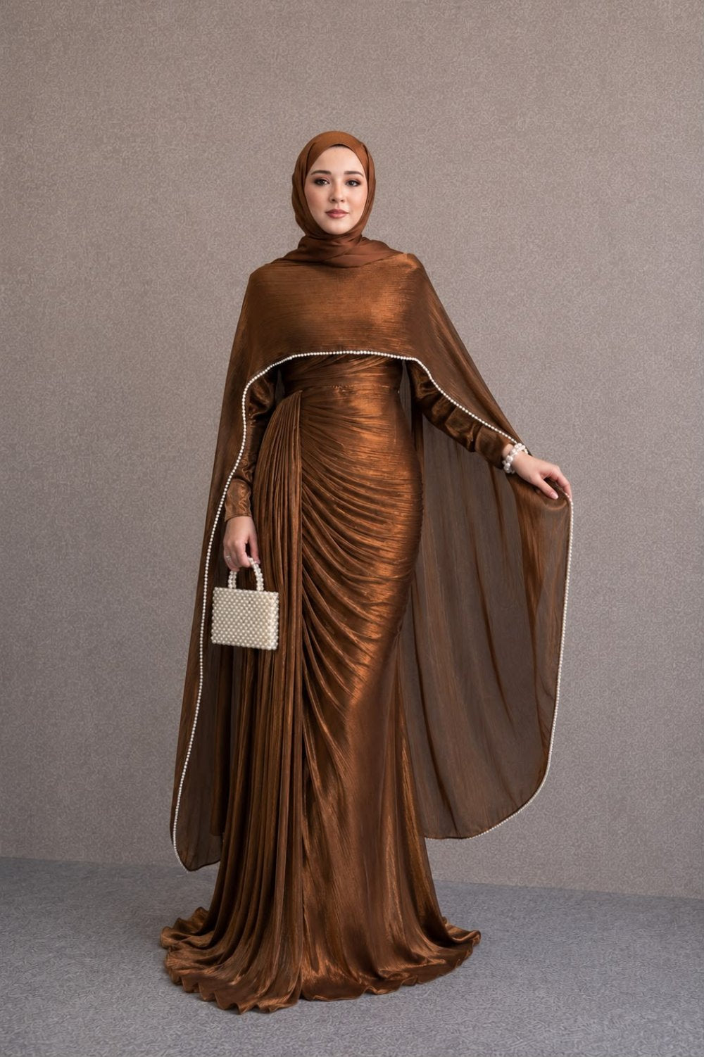 Salma Beaded Cape Ruched Maxi Dress