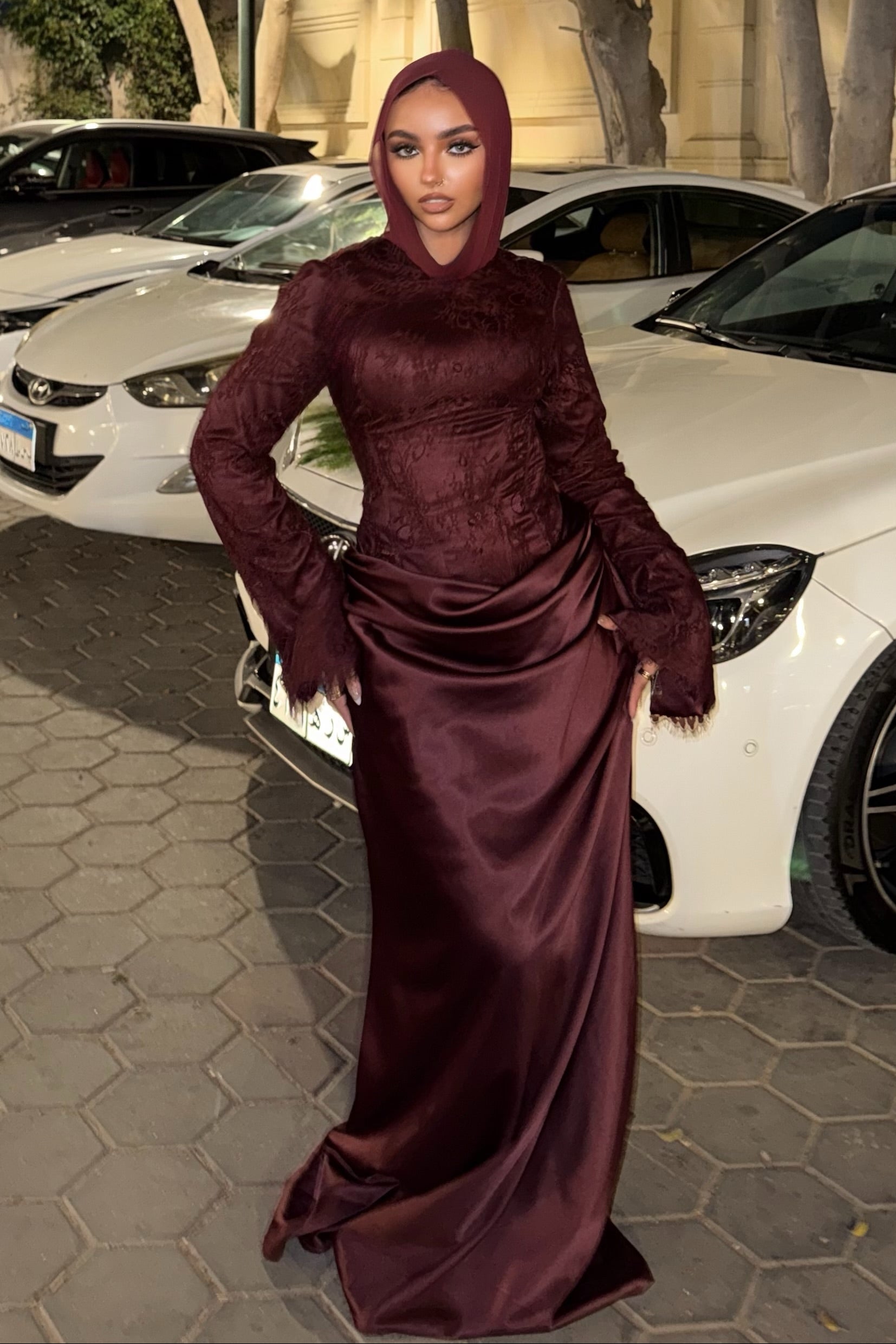 Mariam Lace Satin Mermaid Maxi dress-Brown