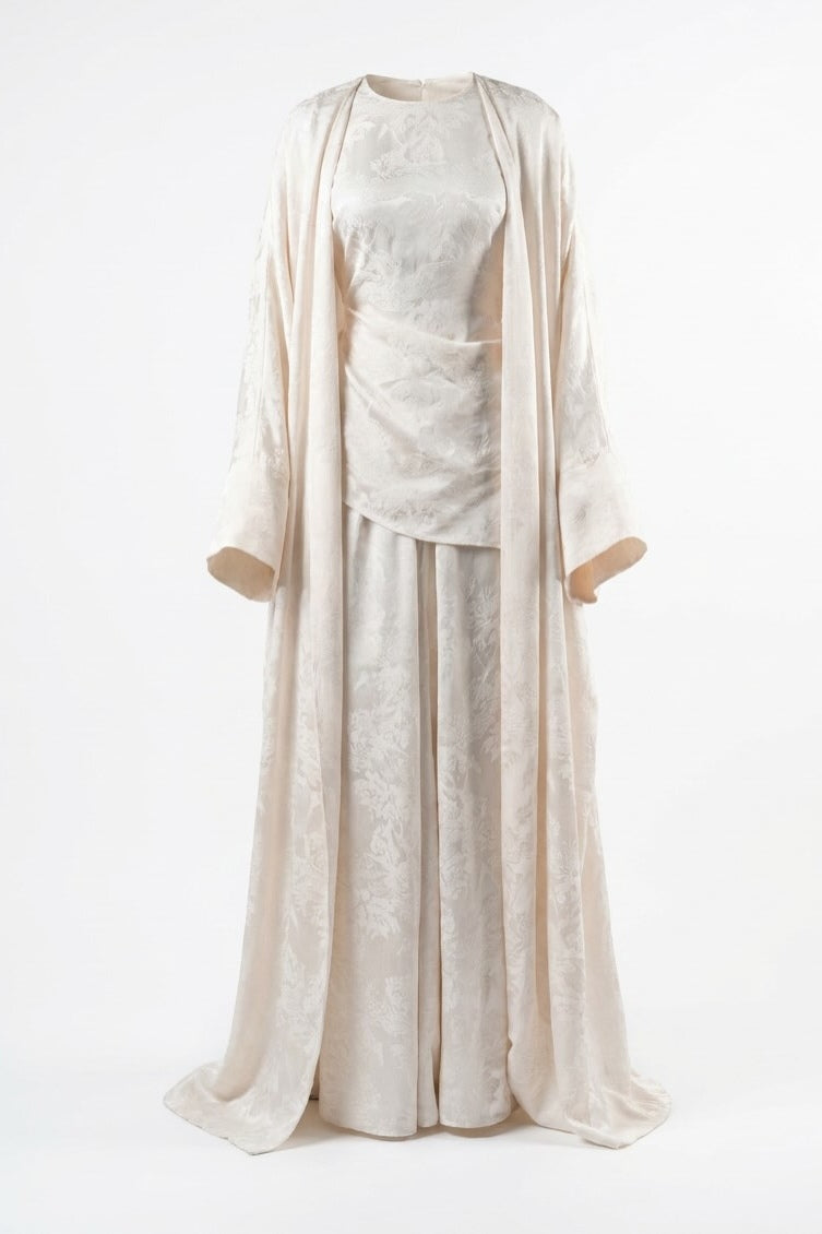 Mara Floral Satin Three‑Piece Abaya Suit-White