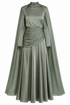 Dalia Draped Cape Ruched Satin Maxi Dress