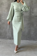 Hana Puff‑Sleeve Tie‑Waist Midi Dress