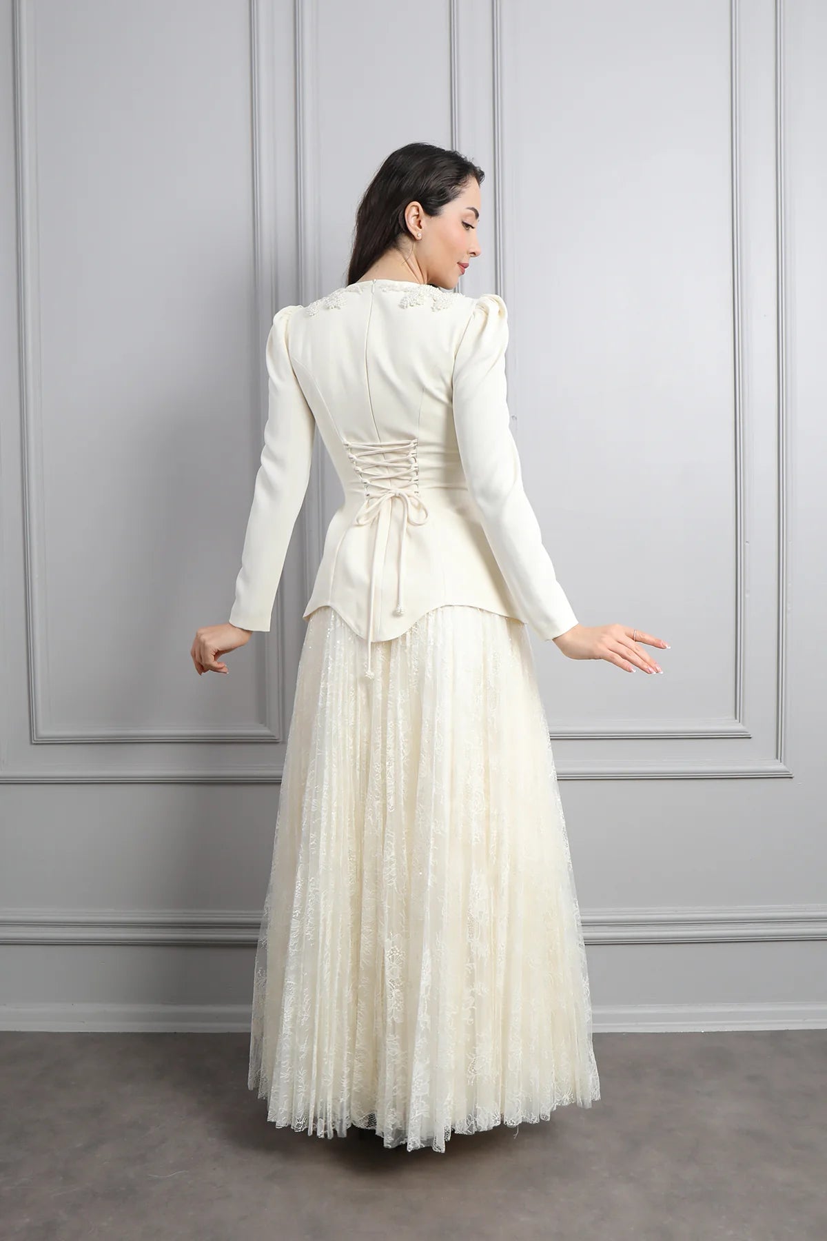 Rina Beaded Neck Puff Sleeve Mermaid Dress-White