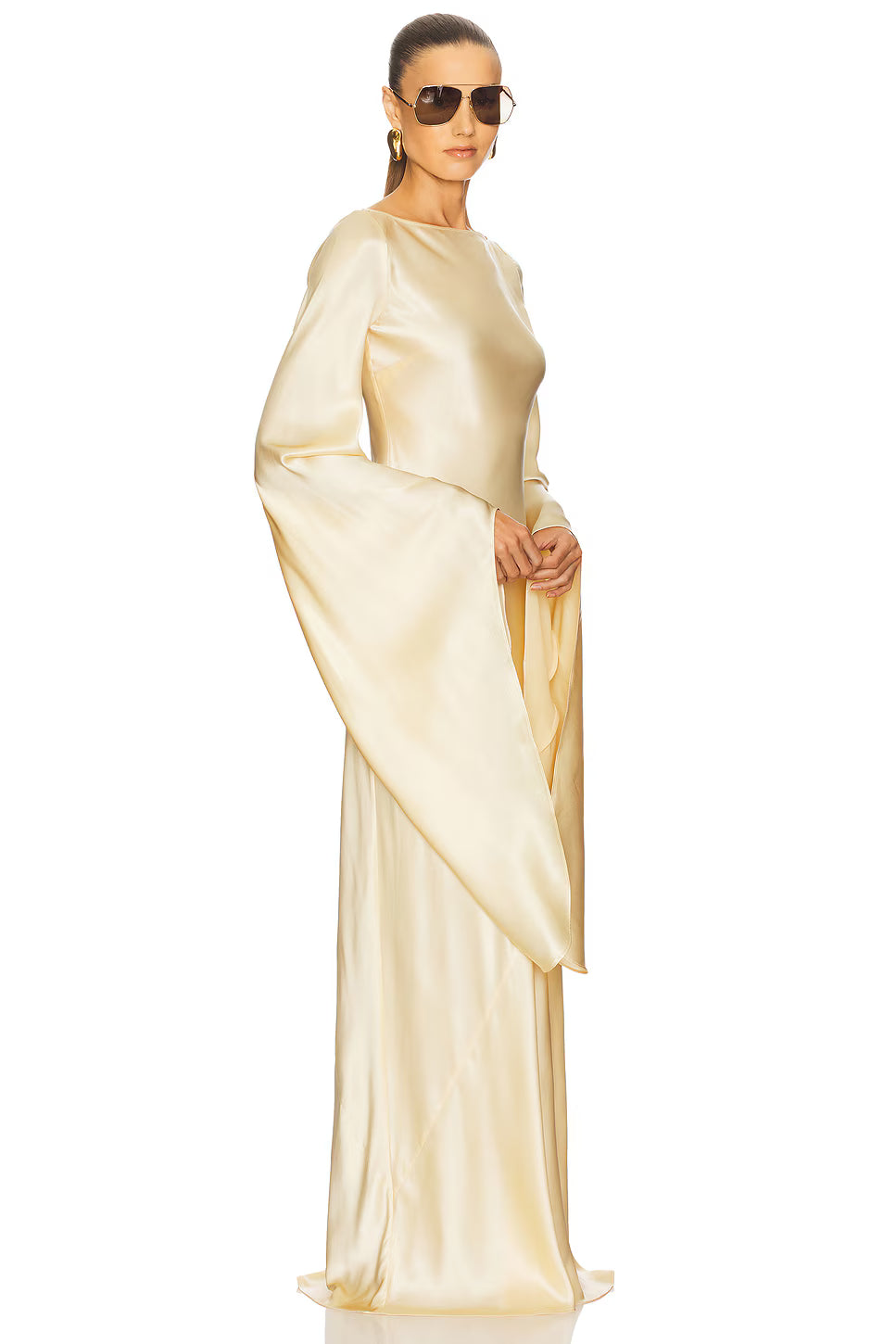 Leila Boat‑Neck Flared‑Sleeve Satin Maxi Dress