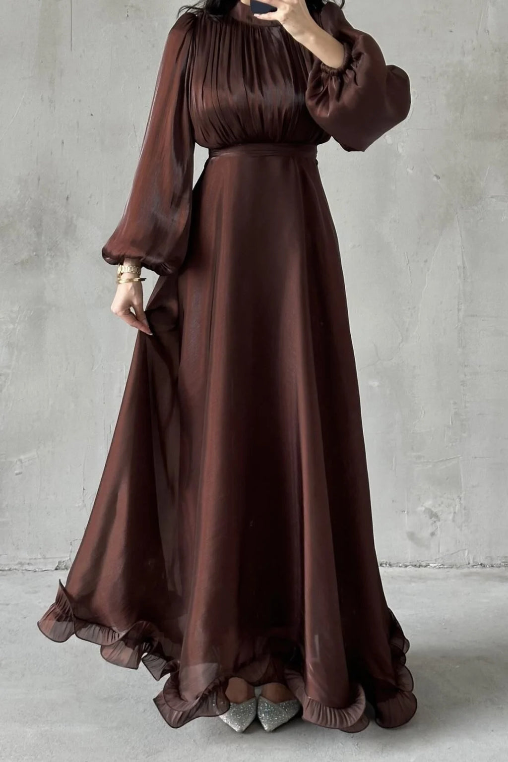 Zahra Gathered Neck Ruffle‑Hem Maxi Dress