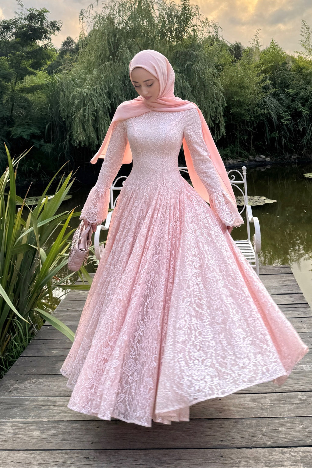 Ayla Lace Flare‑Sleeve Ball Maxi Dress