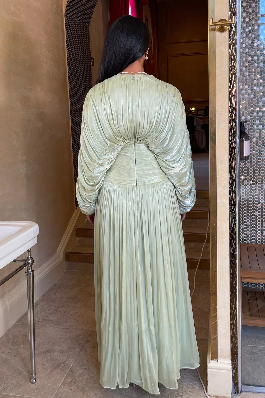 Sara Pleated Draped Sleeve Maxi Dress