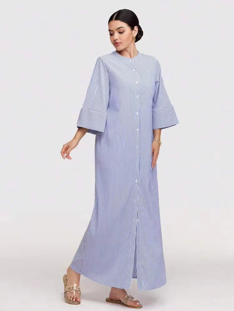 Nadia Striped Button‑Front Abaya Dress