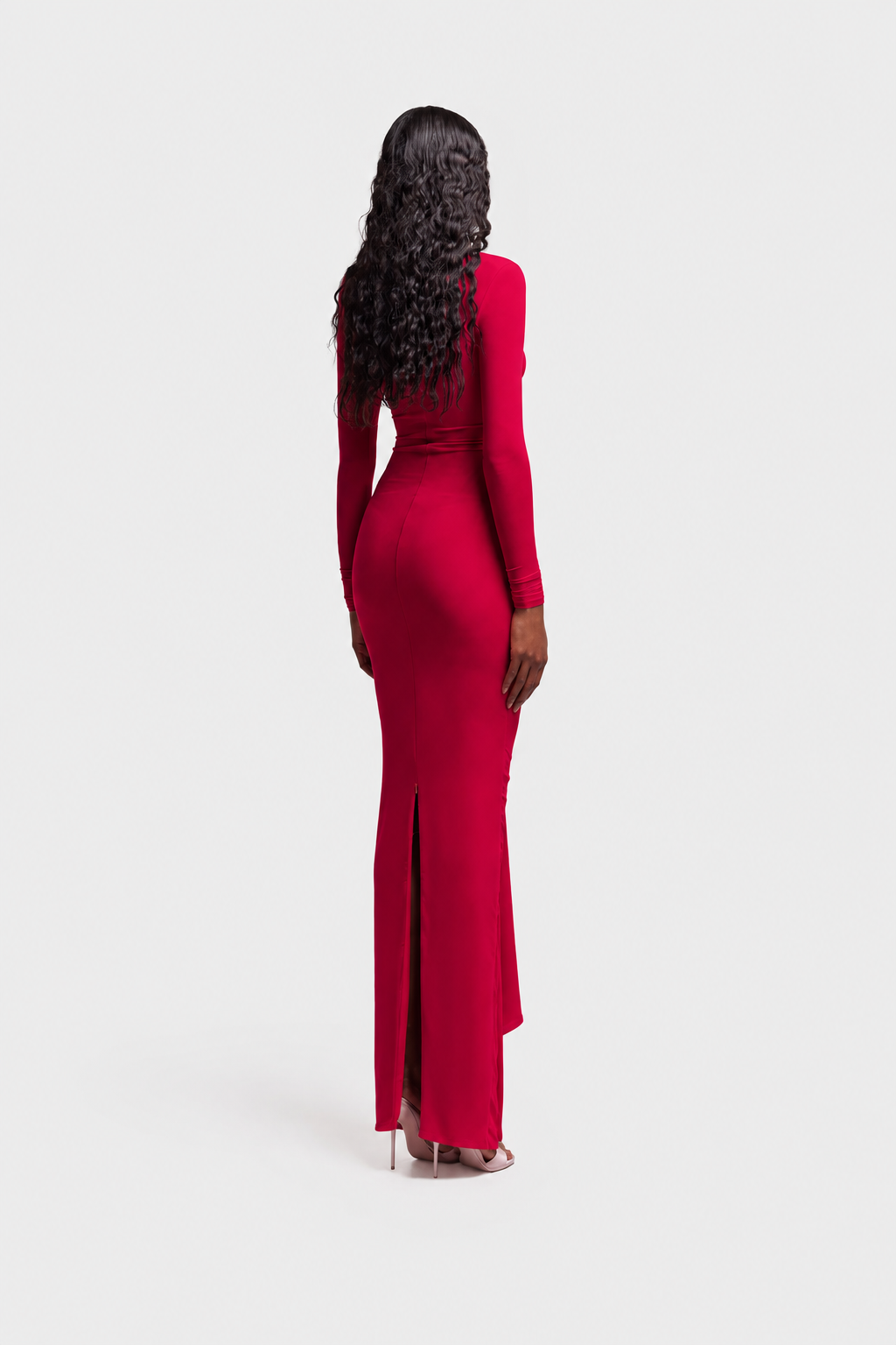 Nora Ruched Draped Mesh Maxi Dress