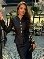 Rania Ornate‑Button Peplum Mermaid Skirt Set
