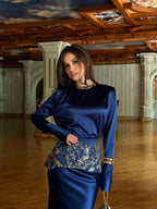 Zahra Embroidered Peplum Satin Two‑Piece Set-Blue