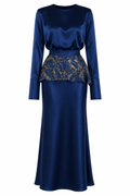 Zahra Embroidered Peplum Satin Two‑Piece Set-Blue