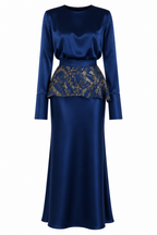 Zahra Embroidered Peplum Satin Two‑Piece Set-Blue