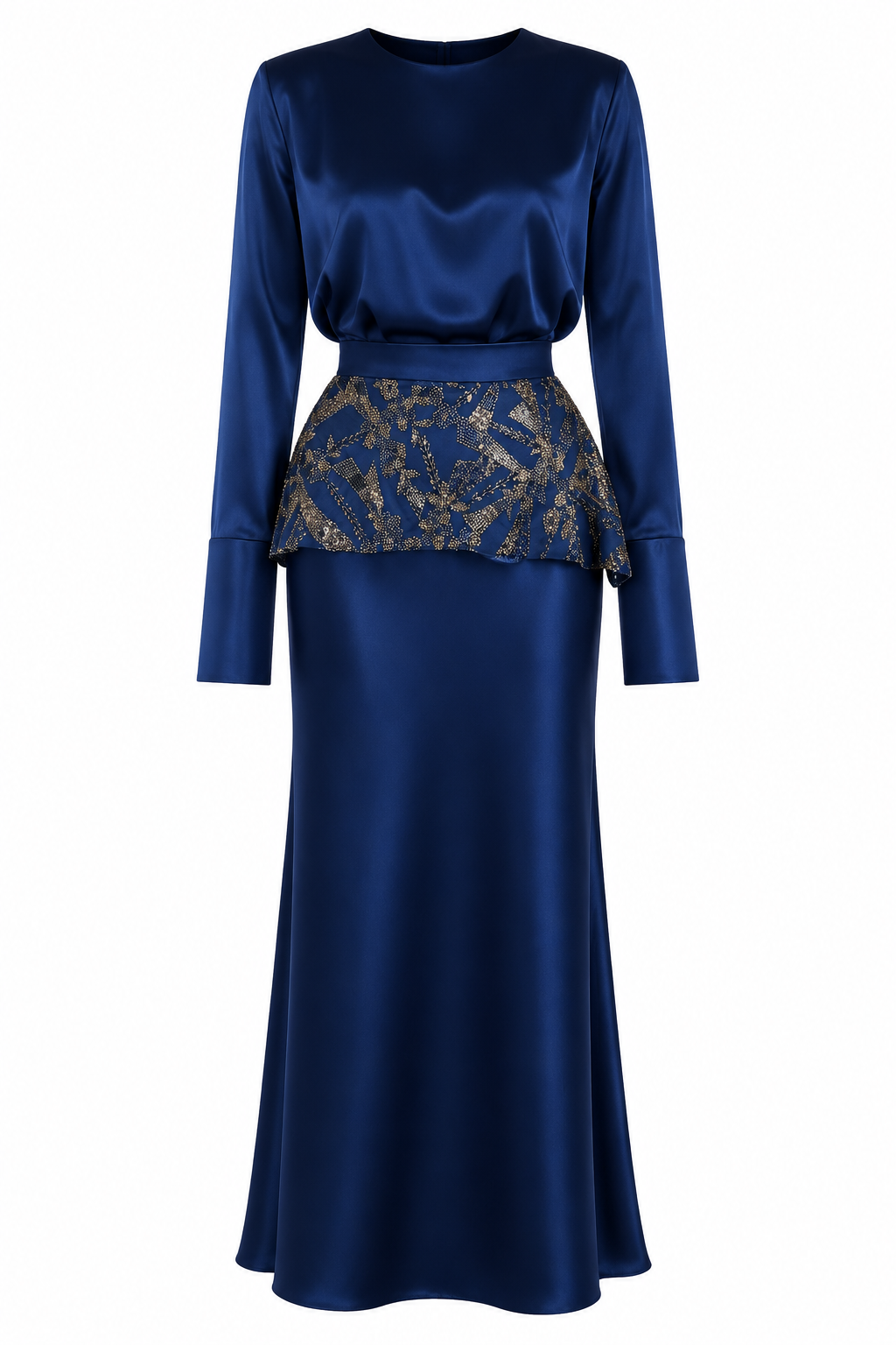 Zahra Embroidered Peplum Satin Two‑Piece Set-Blue