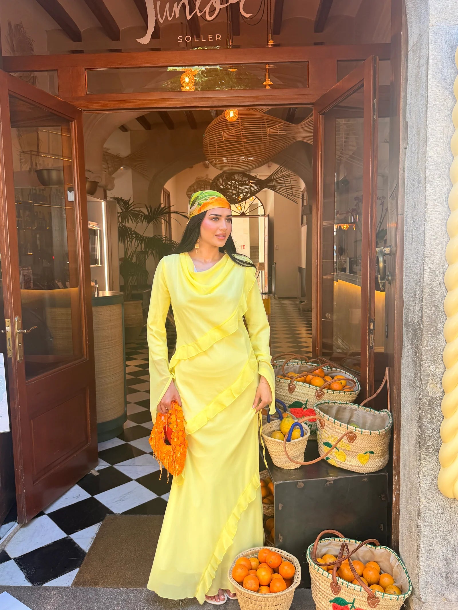 Sara Draped Ruffle Trim Maxi Dress-Yellow