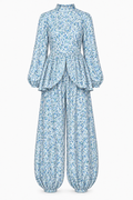 Leila Floral Print Balloon Sleeve Two‑Piece Set-Blue