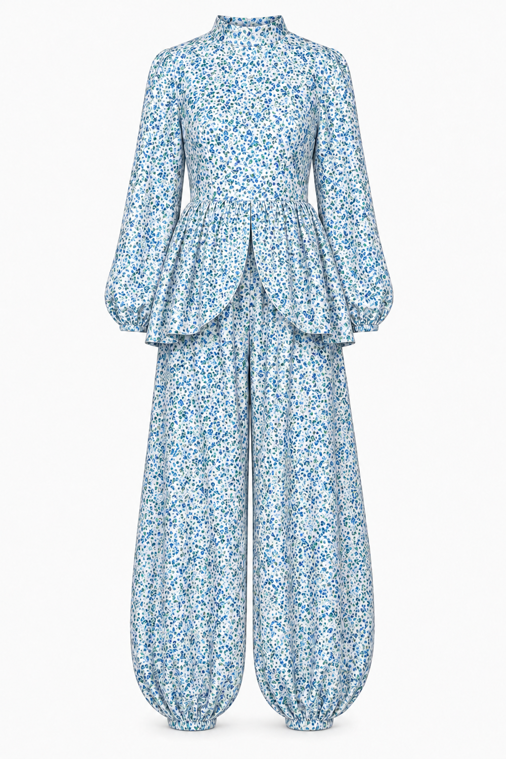 Leila Floral Print Balloon Sleeve Two‑Piece Set-Blue