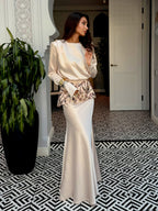 Zahra Embroidered Peplum Satin Two‑Piece Set-Apricot