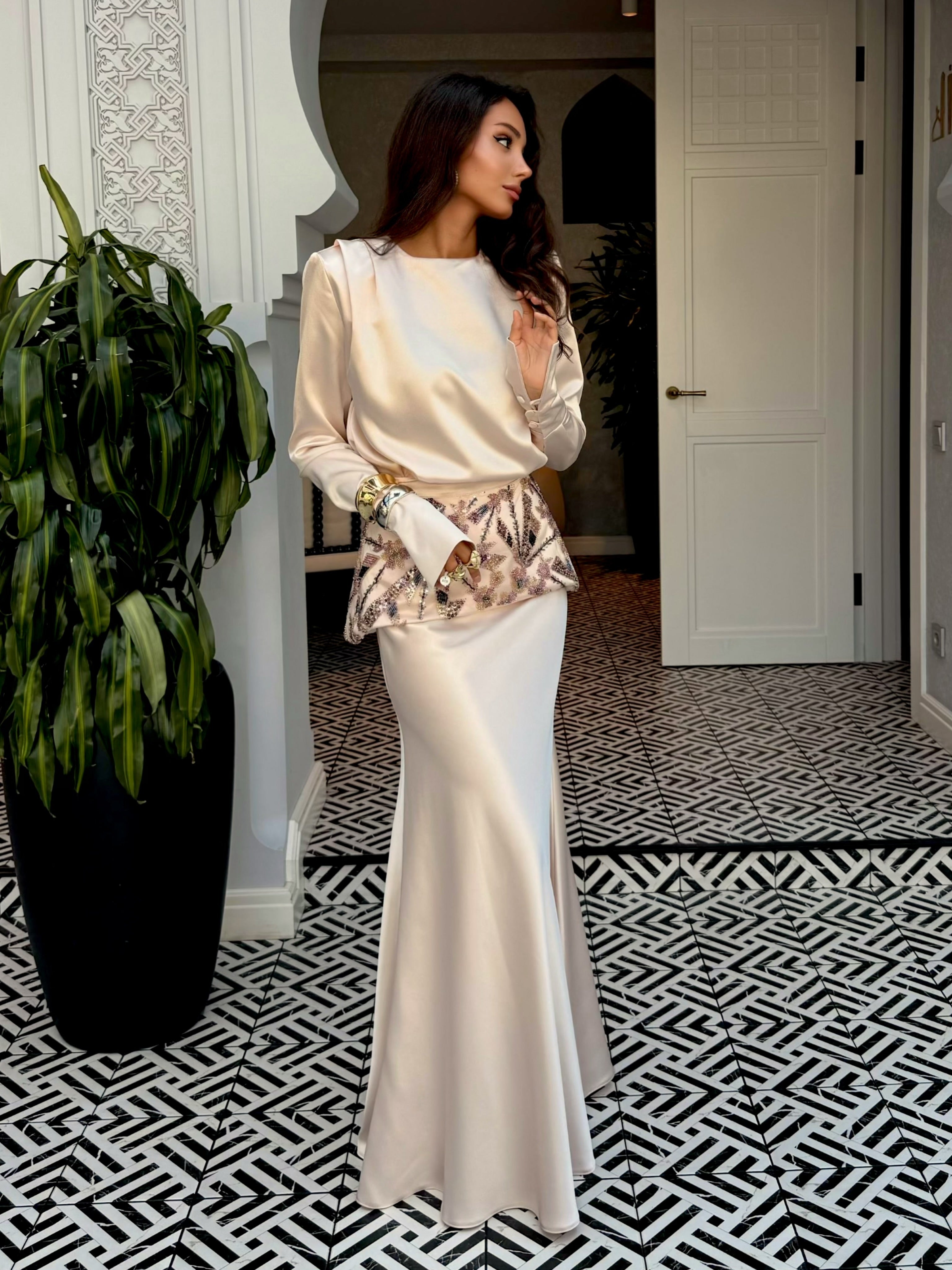 Zahra Embroidered Peplum Satin Two‑Piece Set-Apricot