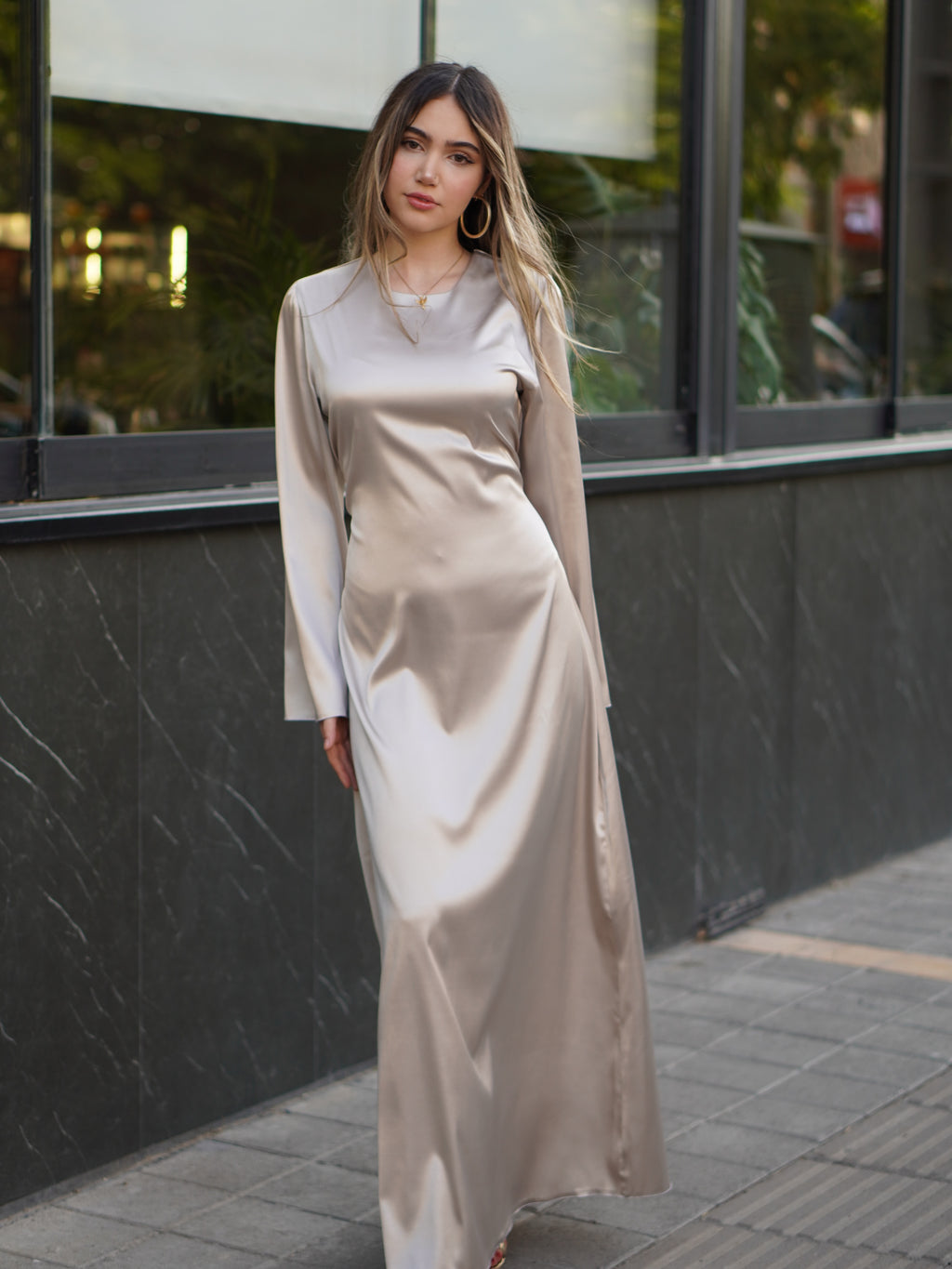 Nora Satin Ruched Flare Sleeve Maxi Dress