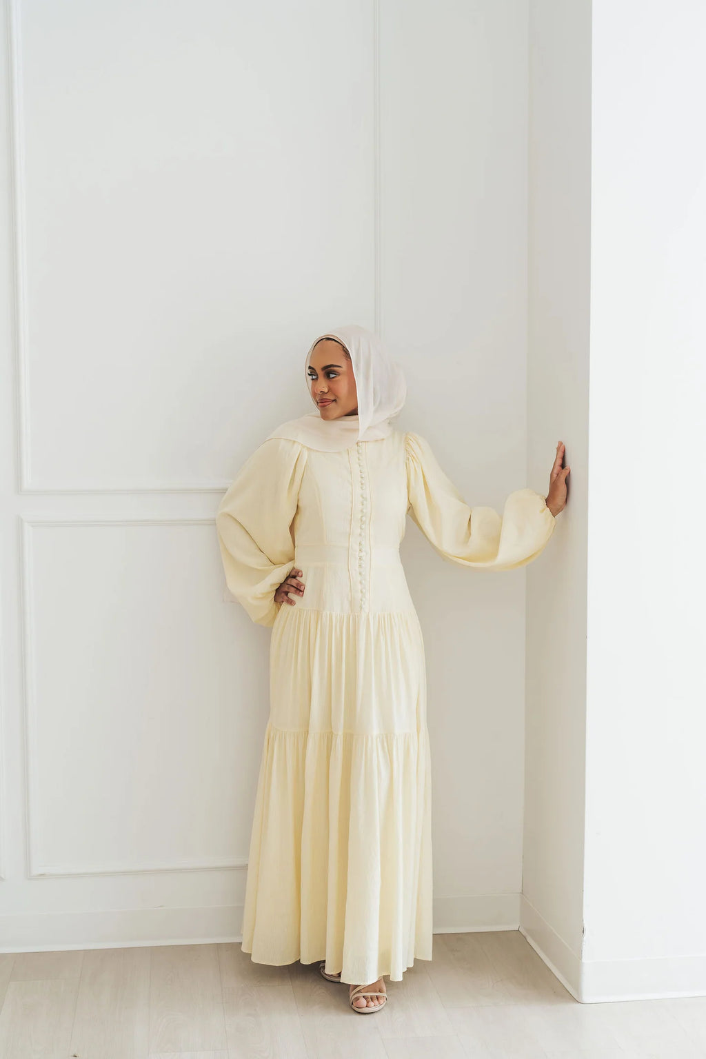 Mona Stand‑Collar Pearl Tiered Maxi Dress