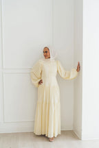 Mona Stand‑Collar Pearl Tiered Maxi Dress