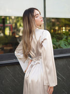 Nora Satin Ruched Flare Sleeve Maxi Dress