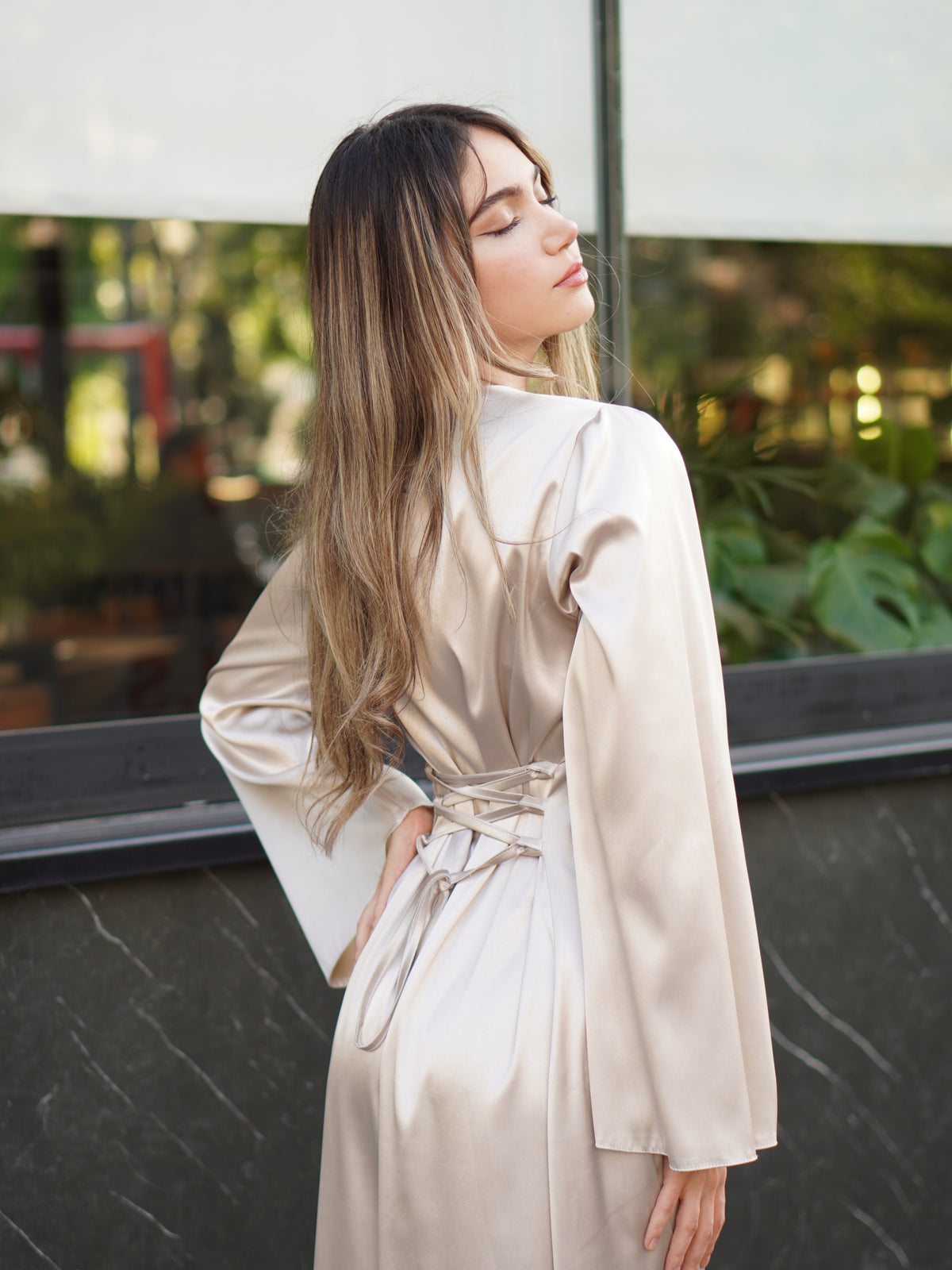 Nora Satin Ruched Flare Sleeve Maxi Dress