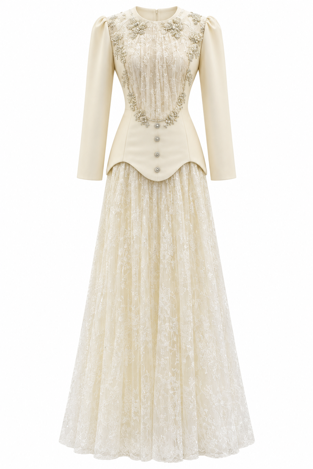Rina Beaded Neck Puff Sleeve Mermaid Dress-White
