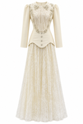 Rina Beaded Neck Puff Sleeve Mermaid Dress-White