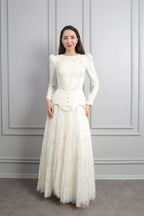 Rina Beaded Neck Puff Sleeve Mermaid Dress-White