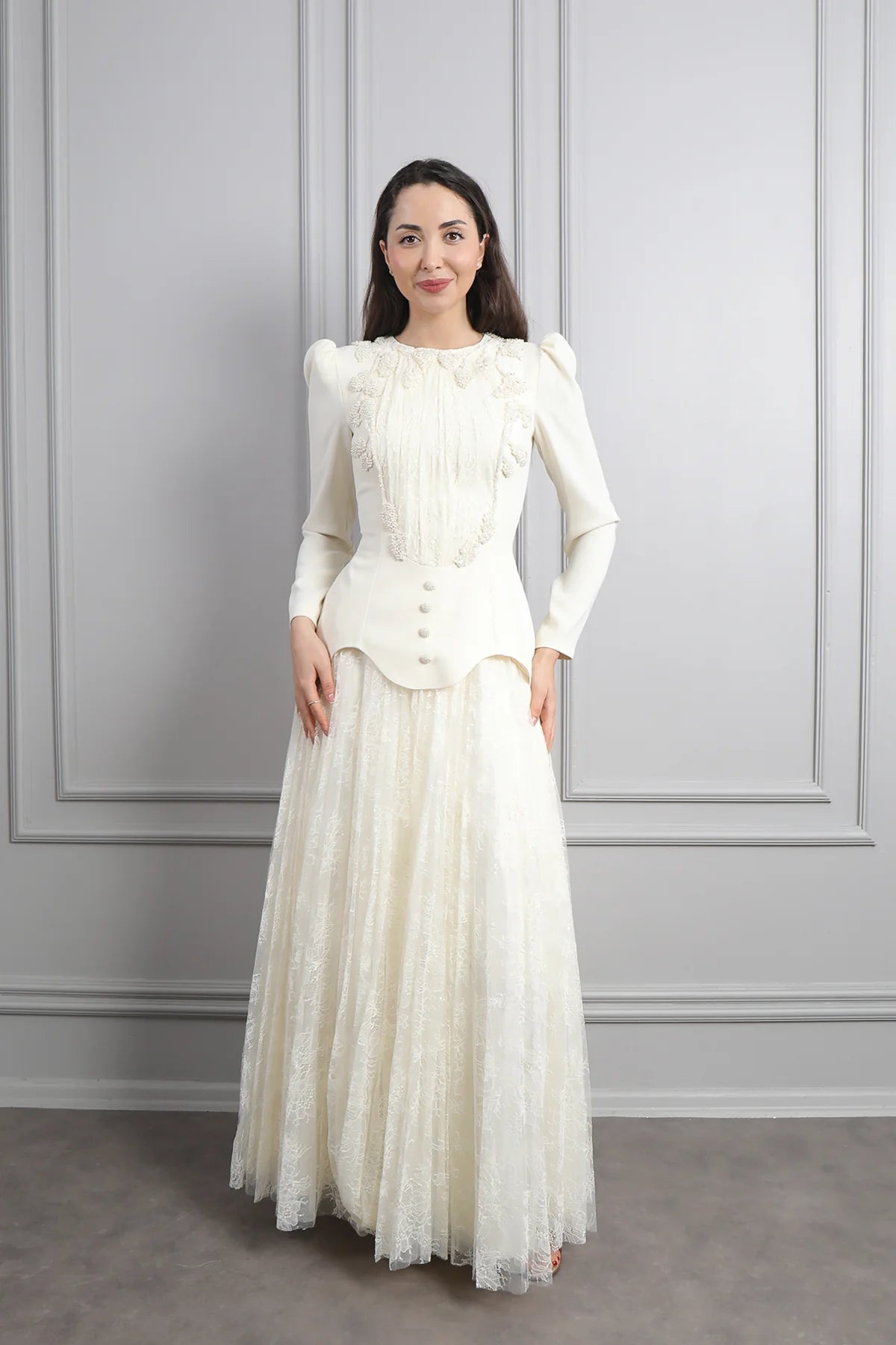 Rina Beaded Neck Puff Sleeve Mermaid Dress-White
