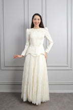 Rina Beaded Neck Puff Sleeve Mermaid Dress-White