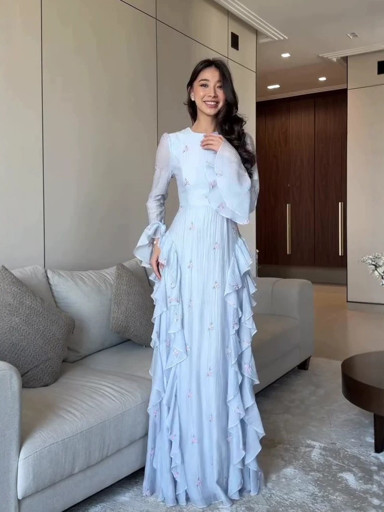 Maya Floral Ruffle Maxi Dress-Blue