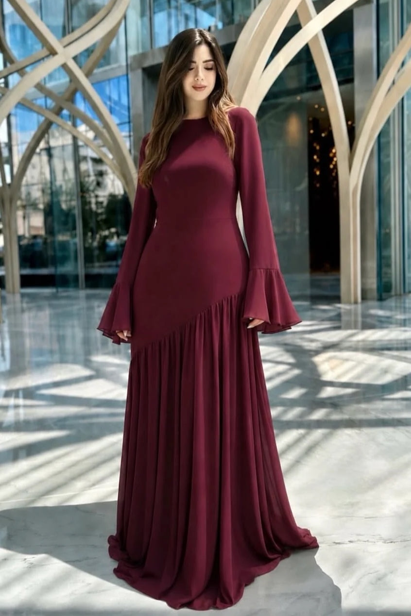 Dana Bell Sleeve Diagonal Ruched Maxi dress