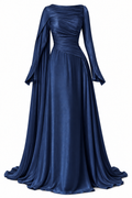Rina Draped Cape Satin Maxi Dress-DarkBlue